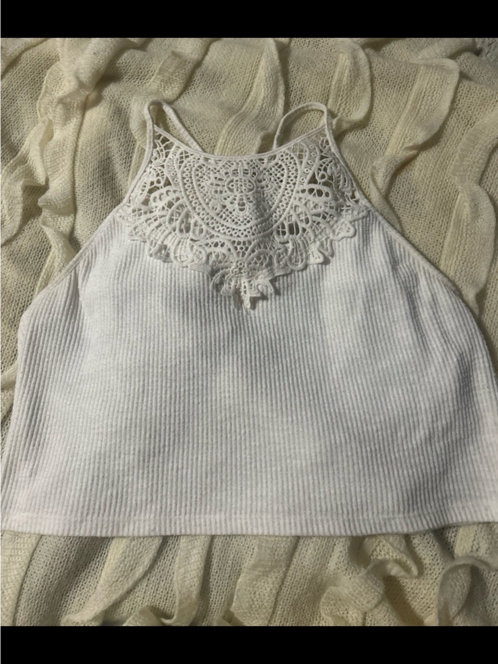 PrettyLittleThing White Crochet Yoke Ribbed Halter Crop Top